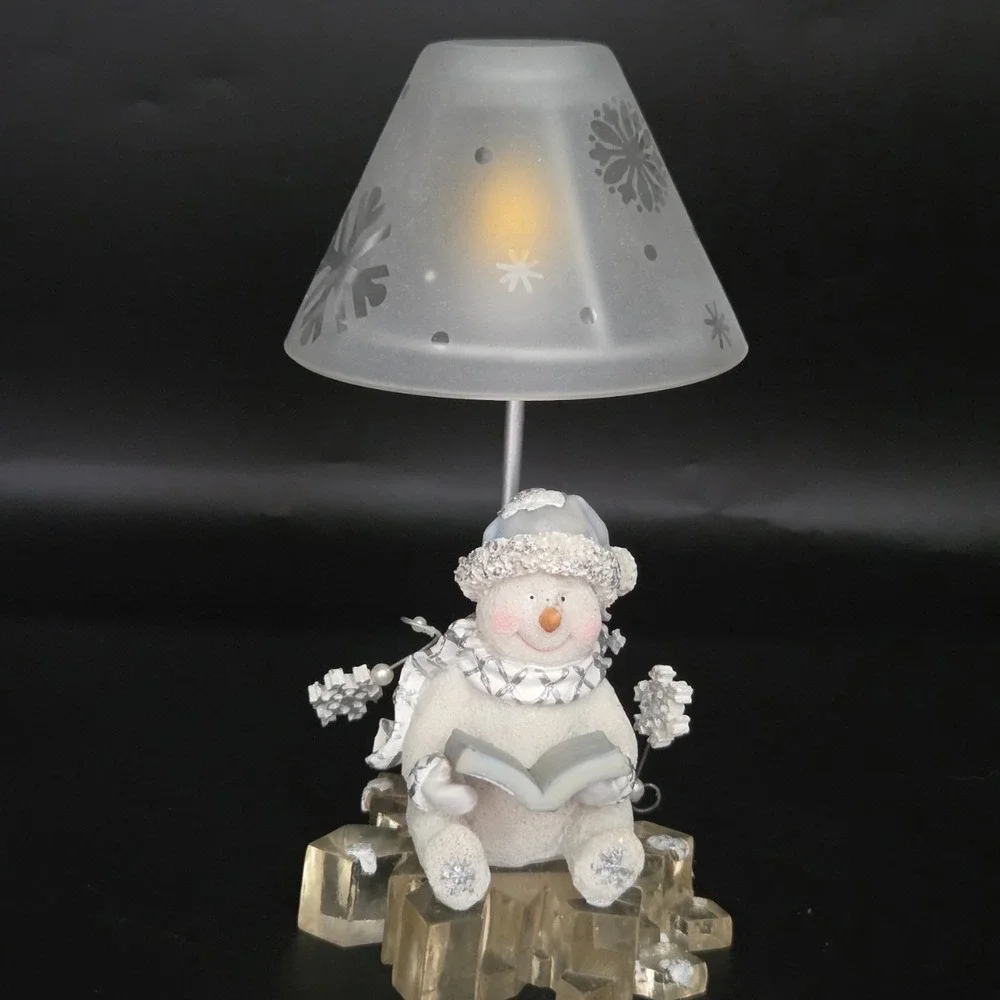 Snowman  Reading a Book on Ice Tea light Lamp Christmas Holiday‎ Decor 9.5